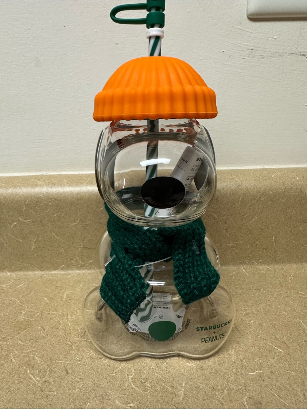 Starbucks Glass Snowman Jar with Orange Hat and Green Scarf